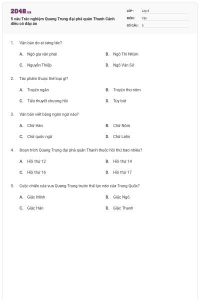 5 câu Trắc nghiệm Quang Trung đại phá quân Thanh Cánh diều có đáp án