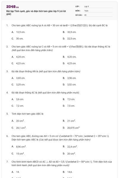 Bài tập Tính cạnh, góc và diện tích tam giác lớp 9 (có lời giải)