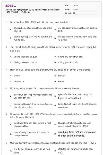 49 câu Trắc nghiệm Lịch Sử 12 Bài 15: Phong trào dân chủ 1936-1939 (P1) có đáp án