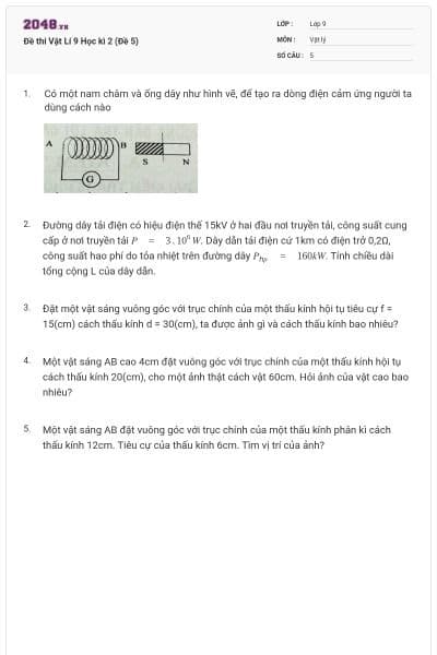 Đề thi Vật Lí 9 Học kì 2 (Đề 5)