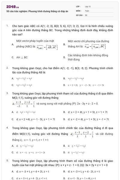 50 câu trắc nghiệm: Phương trình đường thẳng có đáp án