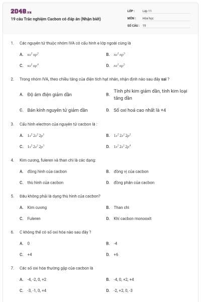 19 câu Trắc nghiệm Cacbon có đáp án (Nhận biết)