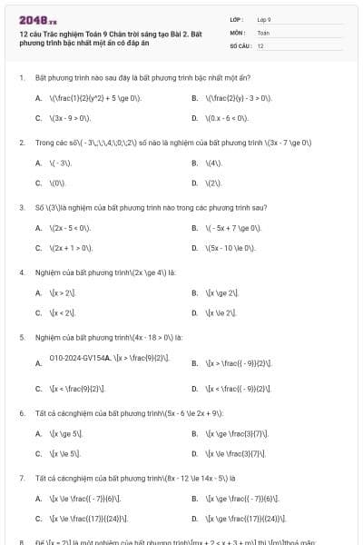 12 câu Trắc nghiệm Toán 9 Chân trời sáng tạo Bài 2. Bất phương trình bậc nhất một ẩn có đáp án