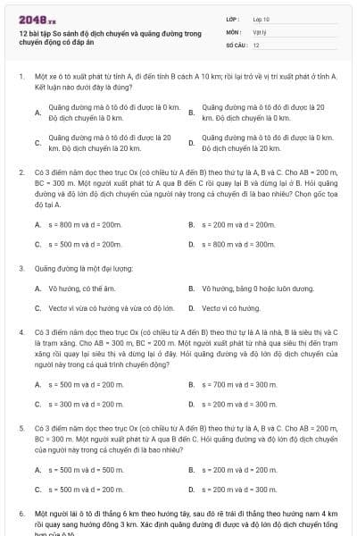 12 bài tập So sánh độ dịch chuyển và quãng đường trong chuyển động có đáp án