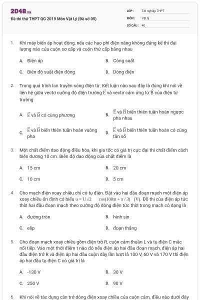 Đề thi thử THPT QG 2019 Môn Vật Lý (Đề số 05)