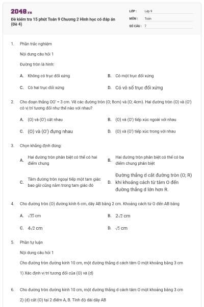 Đề kiểm tra 15 phút Toán 9 Chương 2 Hình học có đáp án (Đề 4)