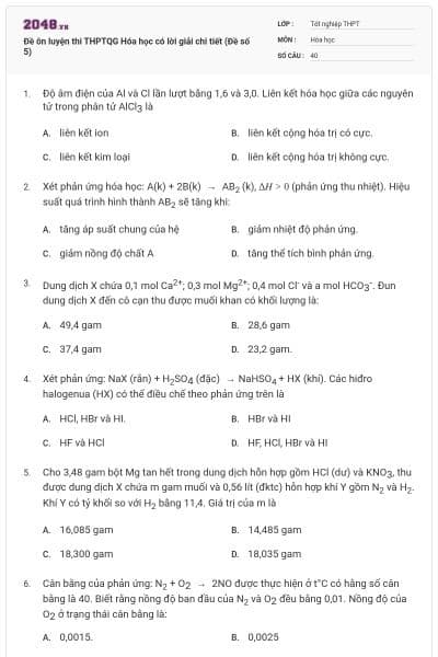 Đề ôn luyện thi THPTQG Hóa học có lời giải chi tiết (Đề số 5)