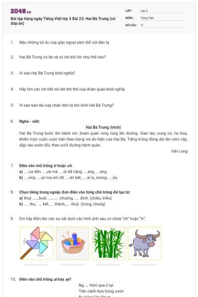 Bài tập hàng ngày Tiếng Việt lớp 3 Bài 23: Hai Bà Trưng (có đáp án)