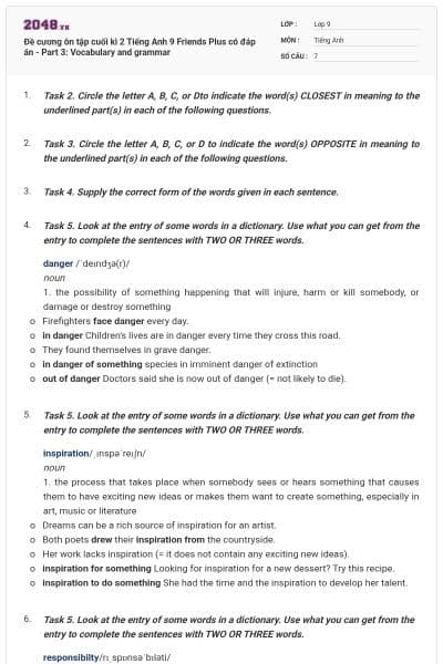 Đề cương ôn tập cuối kì 2 Tiếng Anh 9 Friends Plus có đáp án - Part 3: Vocabulary and grammar