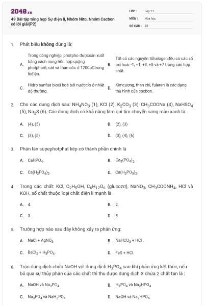 49 Bài tập tổng hợp Sự điện li, Nhóm Nito, Nhóm Cacbon có lời giải(P2)