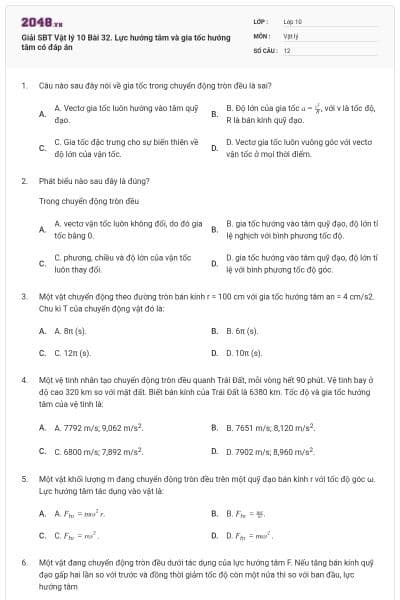 Giải SBT Vật lý 10 Bài 32. Lực hướng tâm và gia tốc hướng tâm có đáp án