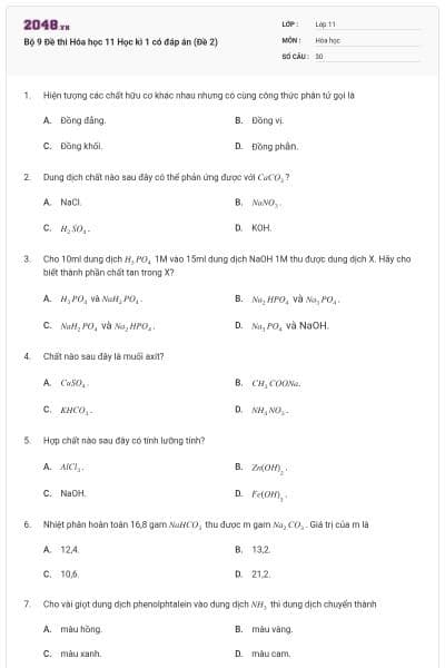Bộ 9 Đề thi Hóa học 11 Học kì 1 có đáp án (Đề 2)