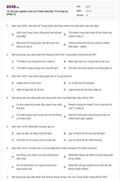 15 câu trắc nghiệm Lịch sử 9 Cánh diều Bài 19 có đáp án (Phần 2)