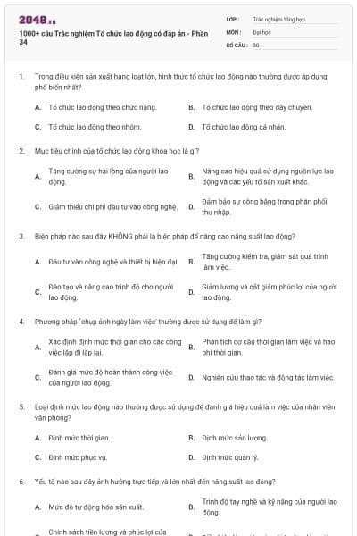 1000+ câu Trắc nghiệm Tổ chức lao động có đáp án - Phần 34