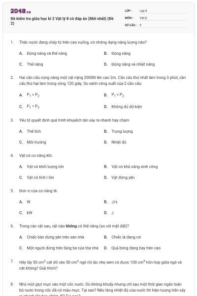 Đề kiểm tra giữa học kì 2 Vật lý 8 có đáp án (Mới nhất) (Đề 2)