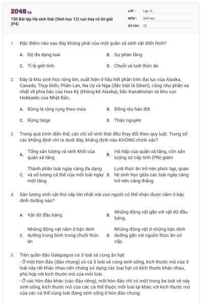 150 Bài tập Hệ sinh thái (Sinh học 12) cực hay có lời giải (P4)