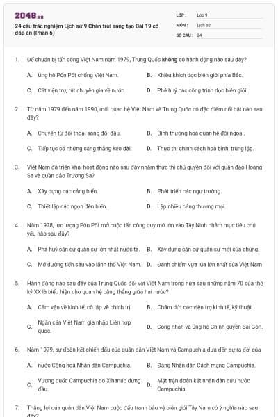 24 câu trắc nghiệm Lịch sử 9 Chân trời sáng tạo Bài 19 có đáp án (Phần 5)
