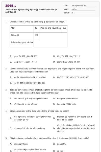 300 câu Trắc nghiệm tổng hợp Nhập môn kế toán có đáp án (Phần 5)