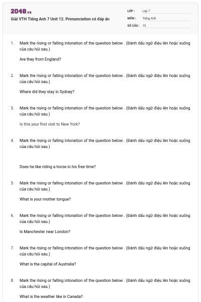 Giải VTH Tiếng Anh 7 Unit 12. Pronunciation có đáp án