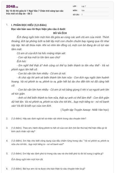 Bộ 10 đề thi giữa kì 1 Ngữ Văn 7 Chân trời sáng tạo cấu trúc mới có đáp án - Đề 2