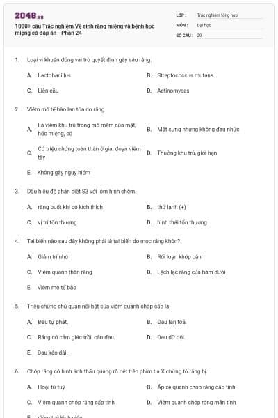 1000+ câu Trắc nghiệm Vệ sinh răng miệng và bệnh học miệng có đáp án - Phần 24
