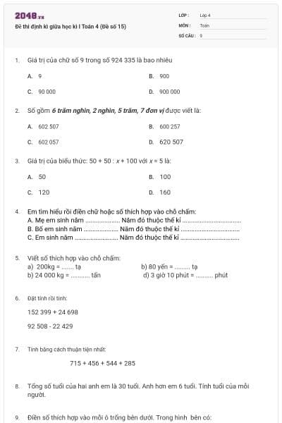 Đề thi định kì giữa học kì I Toán 4 (Đề số 15)
