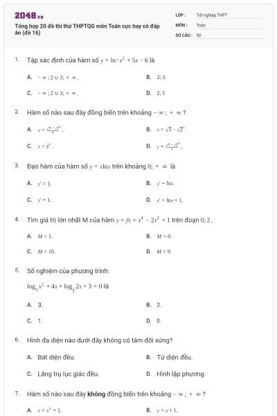 Tổng hợp 20 đề thi thử THPTQG môn Toán cực hay có đáp án (đề 16)