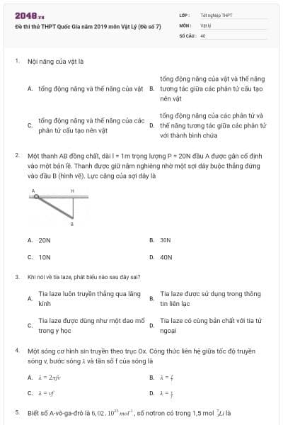 Đề thi thử THPT Quốc Gia năm 2019 môn Vật Lý (Đề số 7)