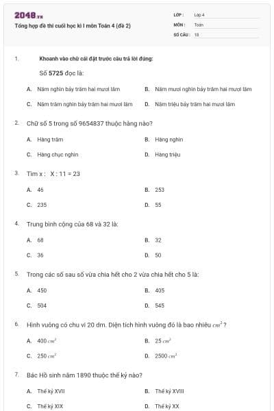 Tổng hợp đề thi cuối học kì I môn Toán 4 (đề 2)