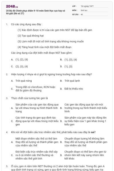 20 Bộ đề Chinh phục điểm 9-10 môn Sinh Học cực hay có lời giải (Đề số 27)