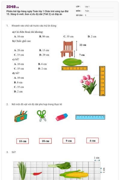 Phiếu bài tập hàng ngày Toán lớp 1 Chân trời sáng tạo Bài 15. Xăng-ti-mét. Đơn vị đo độ dài (Tiết 2) có đáp án