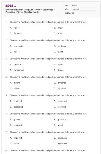 20 câu trắc nghiệm Tiếng Anh 11 Unit 5. Technology - Phonetics - Friends Global có đáp án