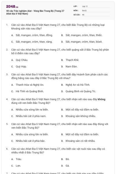 40 câu Trắc nghiệm Alat - Vùng Bắc Trung Bộ (Trang 27 Atlat Địa lí Việt Nam)