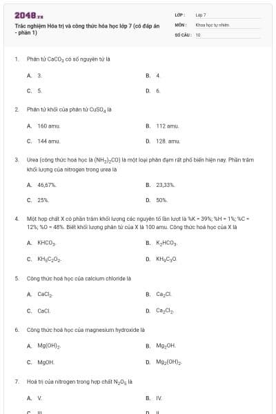 Trắc nghiệm Hóa trị và công thức hóa học lớp 7 (có đáp án - phần 1)