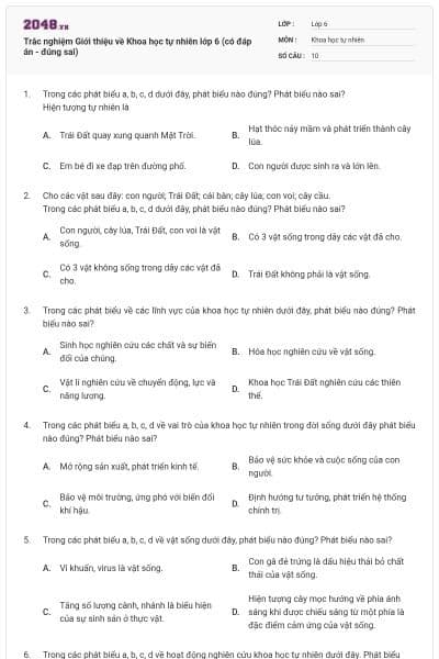 Trắc nghiệm Giới thiệu về Khoa học tự nhiên lớp 6 (có đáp án - đúng sai)
