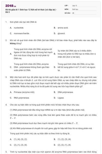 Đề thi giữa kì 1 Sinh học 12 Kết nối tri thức (có đáp án) - Đề 3