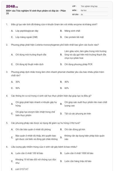 800+ câu Trắc nghiệm Vi sinh thực phẩm có đáp án - Phần 20