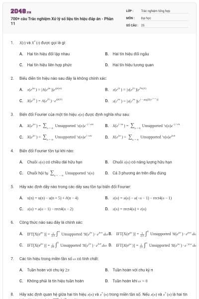 700+ câu Trắc nghiệm Xử lý số liệu tín hiệu đáp án - Phần 11