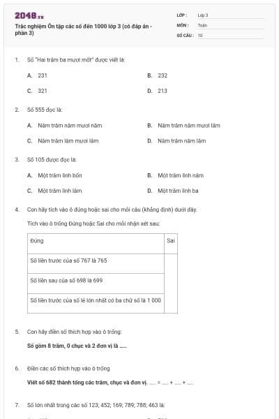 Trắc nghiệm Ôn tập các số đến 1000 lớp 3 (có đáp án - phần 3)