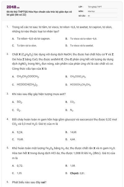 Đề thi thử THPTQG Hóa Học chuẩn cấu trúc bộ giáo dục có lời giải (Đề số 22)