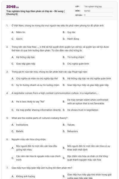 Trắc nghiệm tổng hợp Đàm phán có đáp án - Bổ sung ( Chương 6)