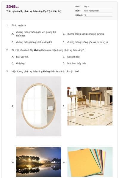 Trắc nghiệm Sự phản xạ ánh sáng lớp 7 (có đáp án)