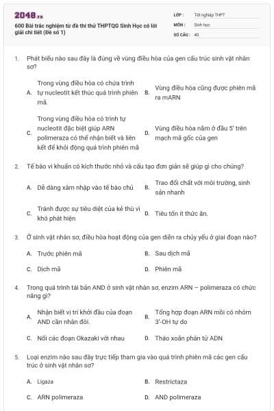 600 Bài trắc nghiệm từ đề thi thử THPTQG Sinh Học có lời giải chi tiết (Đề số 1)