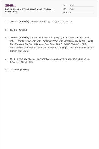 Bộ 5 đề thi cuối kì 2 Toán 8 Kết nối tri thức (Tự luận) có đáp án - Đề 3