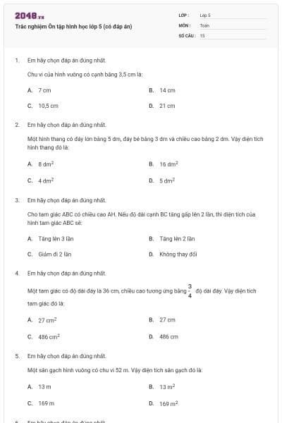 Trắc nghiệm Ôn tập hình học lớp 5 (có đáp án)