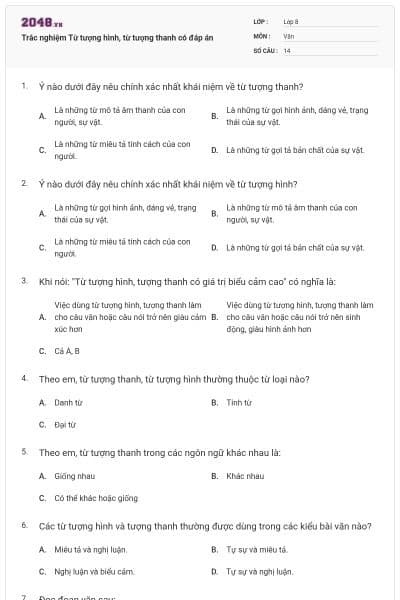 Trắc nghiệm Từ tượng hình, từ tượng thanh có đáp án