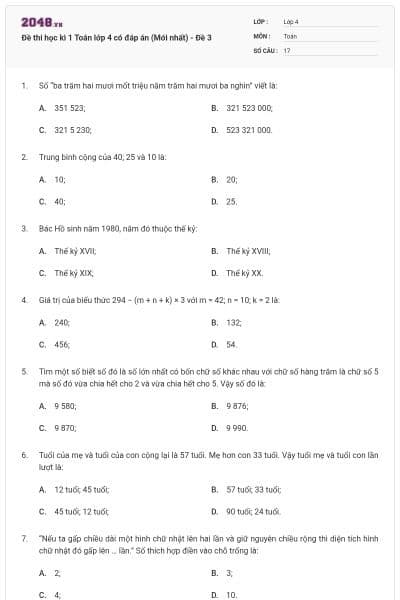 Đề thi học kì 1 Toán lớp 4 có đáp án  (Mới nhất) - Đề 3