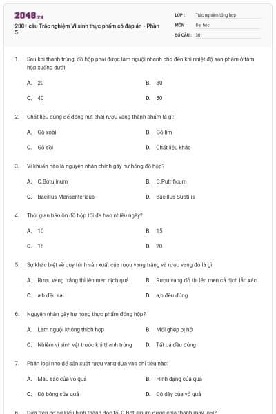 200+ câu Trắc nghiệm Vi sinh thực phẩm có đáp án - Phần 5