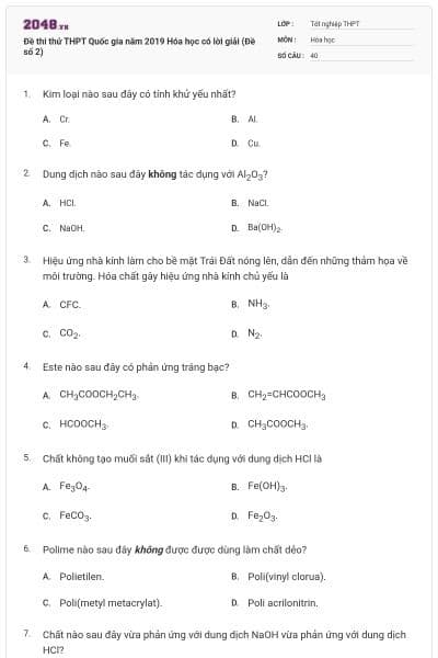 Đề thi thử THPT Quốc gia năm 2019 Hóa học có lời giải (Đề số 2)