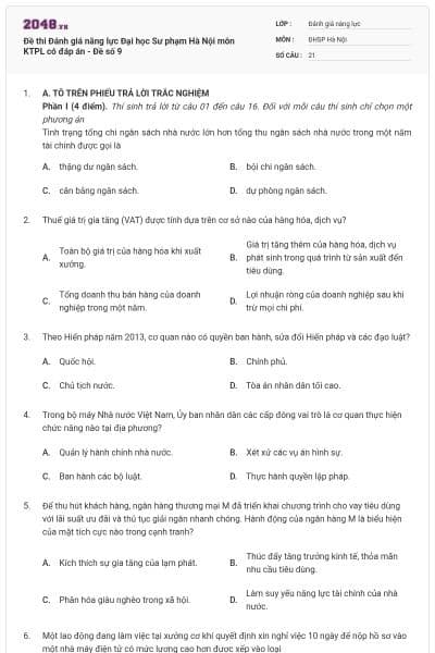 Đề thi Đánh giá năng lực Đại học Sư phạm Hà Nội môn KTPL có đáp án - Đề số 9